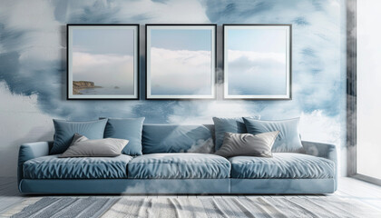 Bright and airy coastal living room with an ocean blue sofa and three horizontal poster frames showcasing coastal landscapes, on a sea mist wall.