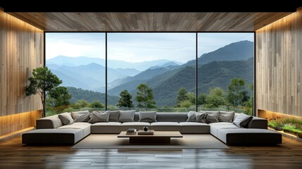 Fototapeta premium Spacious modern living room with large windows and breathtaking mountain view showcased in luxurious interior design