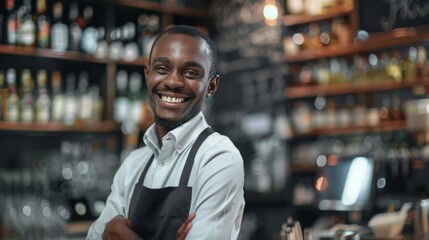 Fototapeta premium Smiling Bartender in a Wine Bar Poses for the Camera. 4K HD Wallpaper. AI-generated Background.