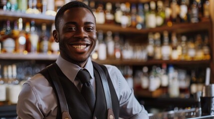 Fototapeta premium Smiling Bartender in a Wine Bar Poses for the Camera. 4K HD Wallpaper. AI-generated Background.