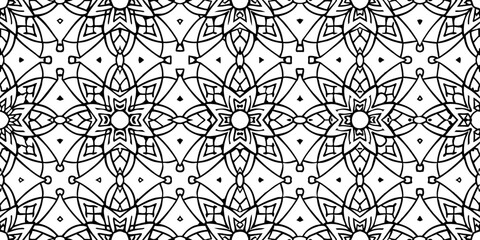 A black and white mandala pattern fills the frame with its intricate and symmetrical design. Each mandala is connected to create a seamless, repetitive pattern that is both intricate and harmonious.AI