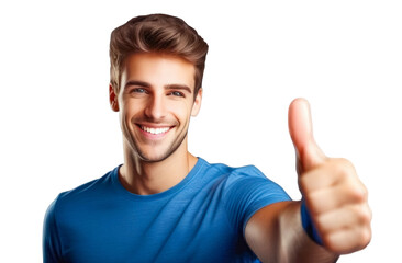 A young man showing a thumbs up, meaning everything is very good. On a transparent background.