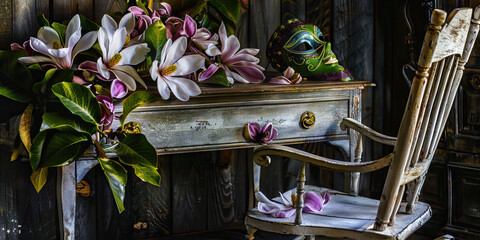 Southern Comfort Desk: A rustic yet stylish desk, adorned with magnolia flowers, a rocking chair...