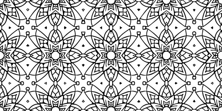 A black and white mandala pattern fills the frame with its intricate and symmetrical design. Each mandala is connected to create a seamless, repetitive pattern that is both intricate and harmonious.AI