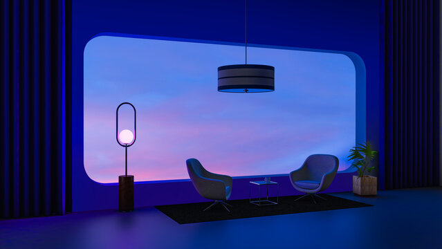 Twilight sky view from stylish interior modern room