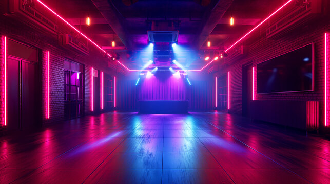 Neon nightclub interior with empty dance floor and vibrant lighting	
