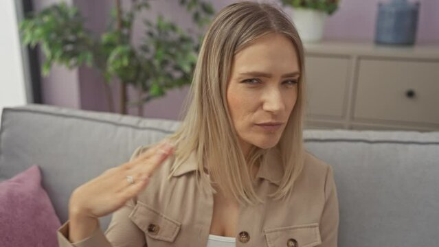 Young blonde woman sitting on sofa cutting throat with hand as knife, threaten aggression with furious violence at home