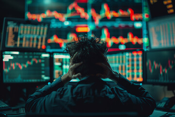 Stressed businessman watching stock market crash and business fall because of the economic crisis, Panic on Finance, 3d render