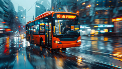 Obraz premium A bus is driving down a wet street with a bright orange sign on the front by AI generated image