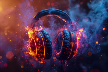 Stereo headphones exploding in festive colorful splash, flame and smoke with light effects on loud music sound, pulse, beats and flow, 3d render