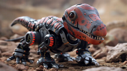 Um brinquedo robótico de dinossauro ou lagarto para animais de estimação com uma expressão sorridente, misturado com ilustração digital 3D e pintura fosca