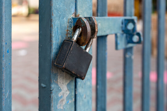 Steel Padlock Securing Blue Gate.