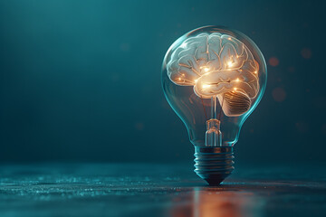 Brain shaped filament light bulb. Concept for idea, creativity, solution, innovation, invention, inspiration, imagination, on a blue background, 3d render