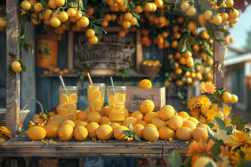 Refreshing lemonade stand set up in a sunny neighborhood during a hot July afternoon , 3d render