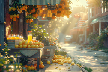 Refreshing lemonade stand set up in a sunny neighborhood during a hot July afternoon , 3d render