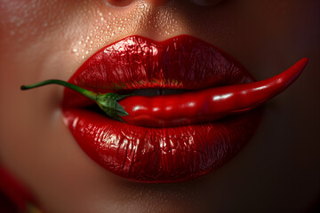Red woman lips holding hot chili pepper, 3d render