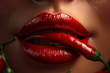 Red woman lips holding hot chili pepper, 3d render