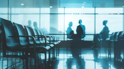 A hospital waiting area with empty chairs and a television close up, focus on, copy space in calm, soothing colors Double exposure silhouette with a hopeful family reunion