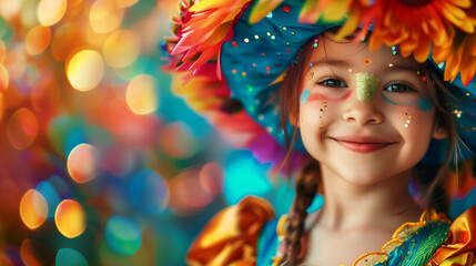 Young child in colorful carnival costume with bright hat. Copy space.	
