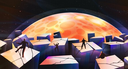 Futuristic world with people's silhouettes on skyscraper, moon shine