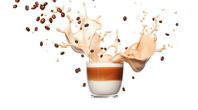 coffee beans and milk latte splash isolated on white