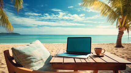 laptop on a beautiful beach  vacation work concept