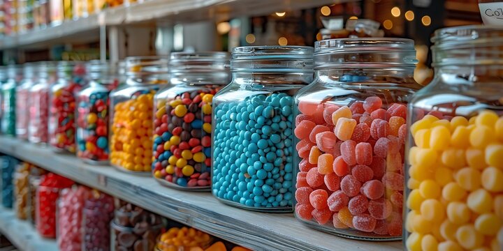 A vibrant display of assorted colorful candies in glass jars on a shelf, perfect for a candy shop or festive decoration.