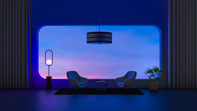 Twilight sky view from stylish interior modern room