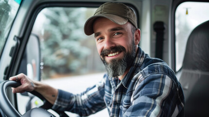"Smiling Truck Driver in Action: Driving Truck and Making Eye Contact"