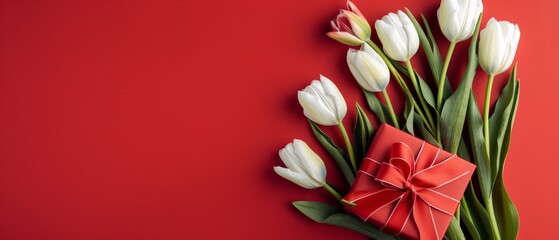 White tulips and red gift box on red background.