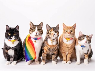 Five cats of various breeds and colors standing together on a white background, each with a rainbow-themed accessory like a collar or a small scarf, representing LGBTQ+ pride