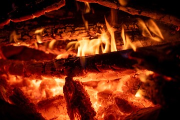 Red fire coals close up. Campfire