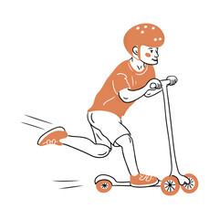 Doodle contour drawing with boy driving scooter. Contrast flat sketchy illustration isolated on white background. Vector happy childhood concept for logo, sticker