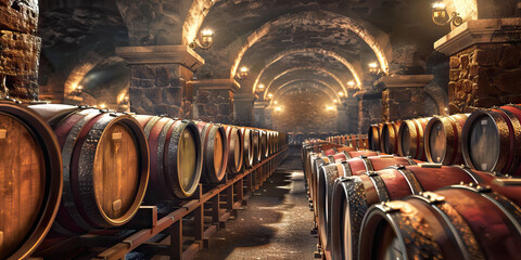 Spanish Bodega Wine Cellar - A rustic, underground cellar with rows of wine barrels and racks, displaying the aging process and art of winemaking in Spain