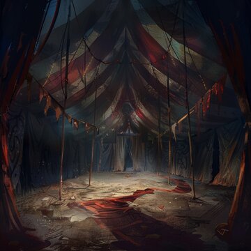game art dark circus background, inside of a tent