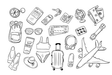 Big travel summer contour doodle set with popular items. Collection of sketchy outline drawings isolate on white background. Monochrome summer vacation on airplane outline stickers