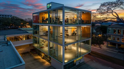 Photo of a modern urban plaza at dusk, featuring contemporary architecture, glass facades, and...