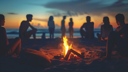 Beach bonfire with friends gathered around at dusk close up, focus on, copy space featuring warm, inviting tones Double exposure silhouette with a lively summer night