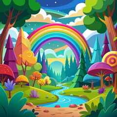 Magical rainbow in fairy tale forest as fantasy wallpaper