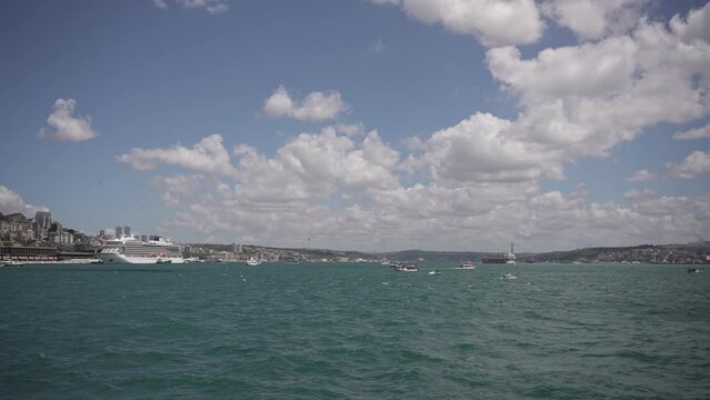 Ships, ferries, boats, historical buildings in the Bosphorus, Istanbul, Turkiye