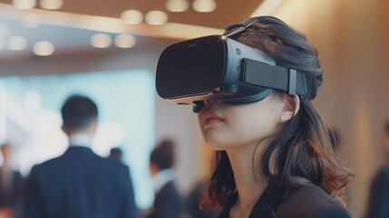 An Asian executive participating in a virtual reality team-building exercise, with colleagues from around the world joining her in a digital space.