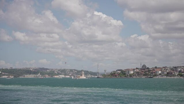 Ships, ferries, boats, historical buildings in the Bosphorus, Istanbul, Turkiye
