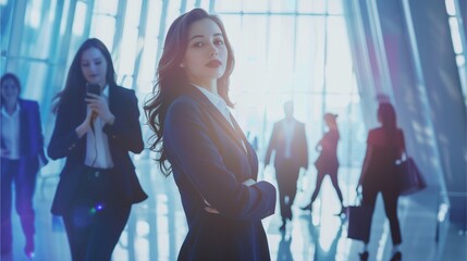 Professional woman in blue dress stands with a smiling colleague by the office window in a bustling city, representing teamwork, business, and professionalism