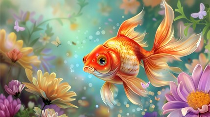A goldfish swimming alone in an aquarium with blue water and bubbles