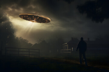 Man silhouette looks at spaceship with aliens flying to village. Flying saucer marks beginning of encounter that would forever alter perception of other worlds.