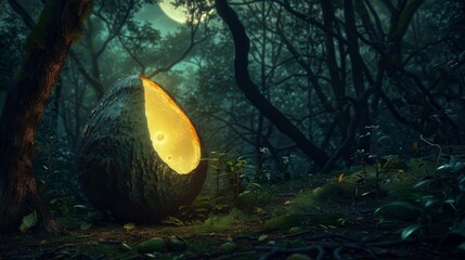 Golden egg glowing in a dark forest for fantasy or holiday designs