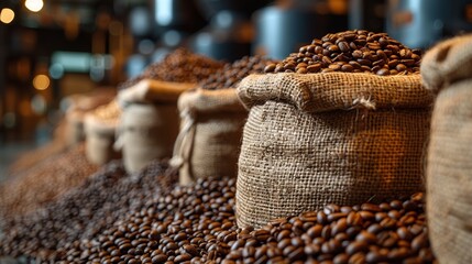 Obraz premium Closeup of roasted coffee beans spilling from a burlap sack, exuding a fresh, aromatic scent