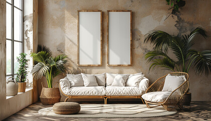 A living room with a white couch and two white framed mirrors by AI generated image