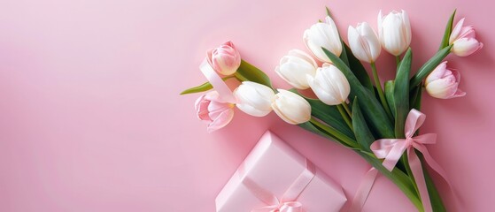 Pink tulips and gift box on pink background.