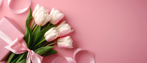 White tulips bouquet with pink ribbon on pink background.